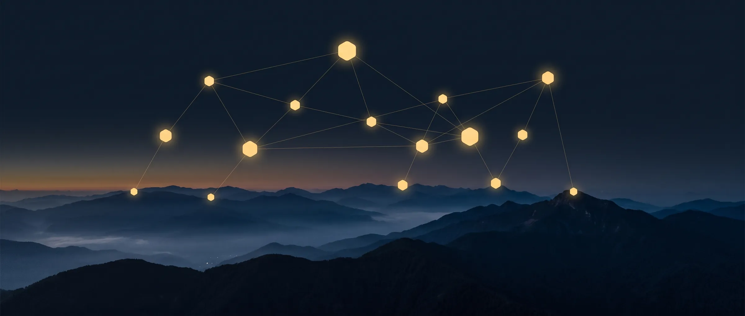 Glowing gold hexagon nodes linked in a network above a dark, misty mountain range